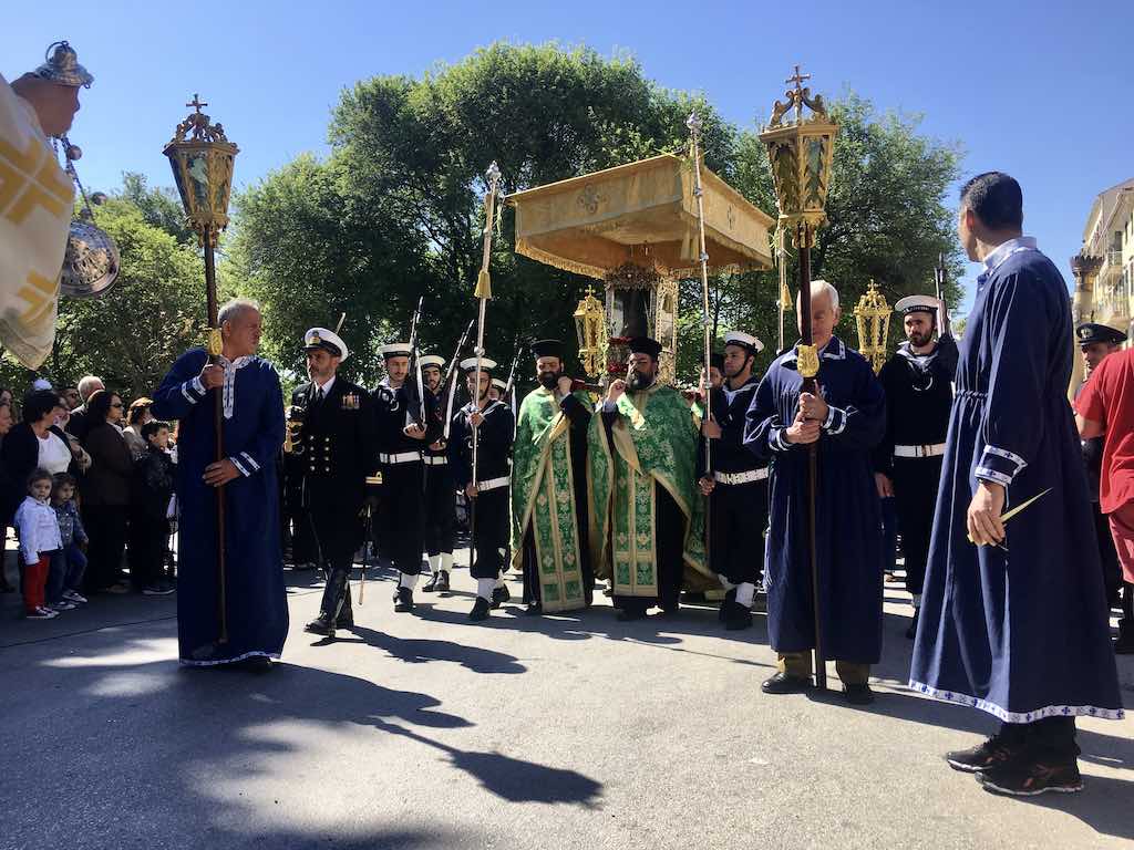 Greece Corfu Town Easter priest and military