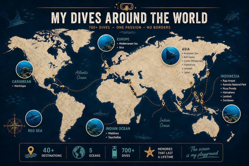 World map showing the main scuba diving destinations explored around the world, including Indonesia, the Red Sea, the Maldives, the Seychelles, the Caribbean, and Europe.