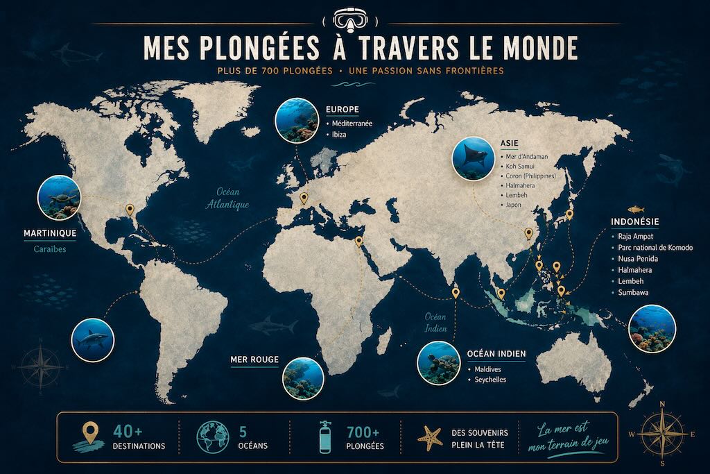Carte mondiale illustrant les principaux sites de plongée explorés à travers le monde, avec plus de 700 plongées réalisées en Indonésie, en Mer Rouge, aux Maldives, aux Seychelles, dans les Caraïbes et en Europe.