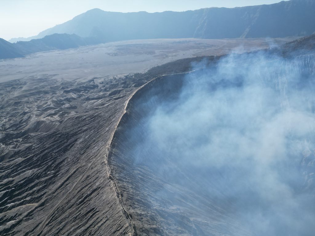 Bromo volcano crater Java Indonesia drone