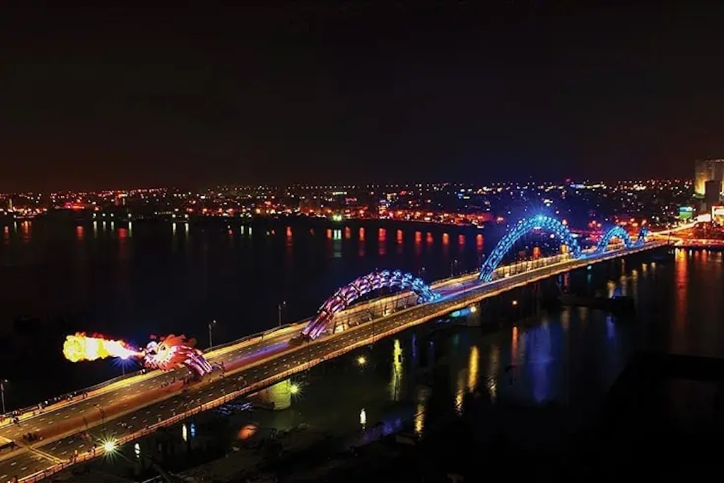 Dragon bridge at night from above color kinetics