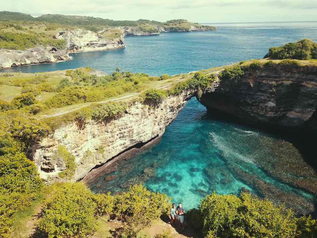 broken beach nusa penida bali drone shot