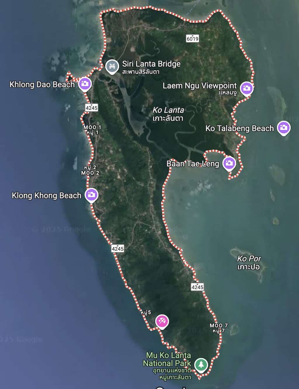 Map of Koh Lanta showing the west coast beaches and the national park