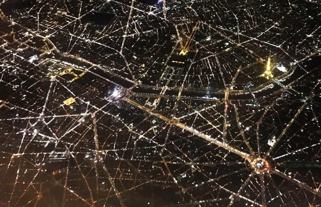 Nighttime aerial view of Paris 7th and 8th arrondissements