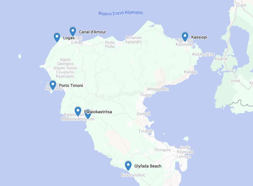 Corfu beaches map showing west coast, northeast coast, Porto Timoni, Paleokastritsa, Kassiopi and Glyfada Beach locations