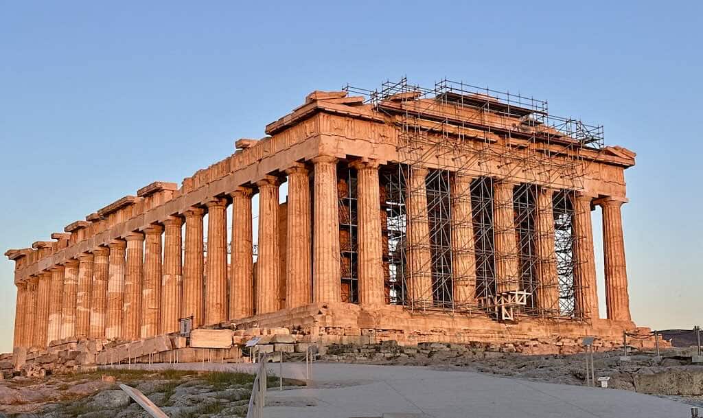 Parthenon on the Acropolis in Athens at sunset with golden light on the columns