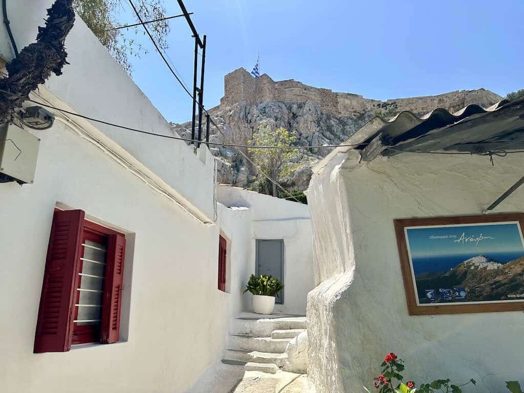 Anafiotika Athens narrow white street with stairs and traditional Cycladic houses