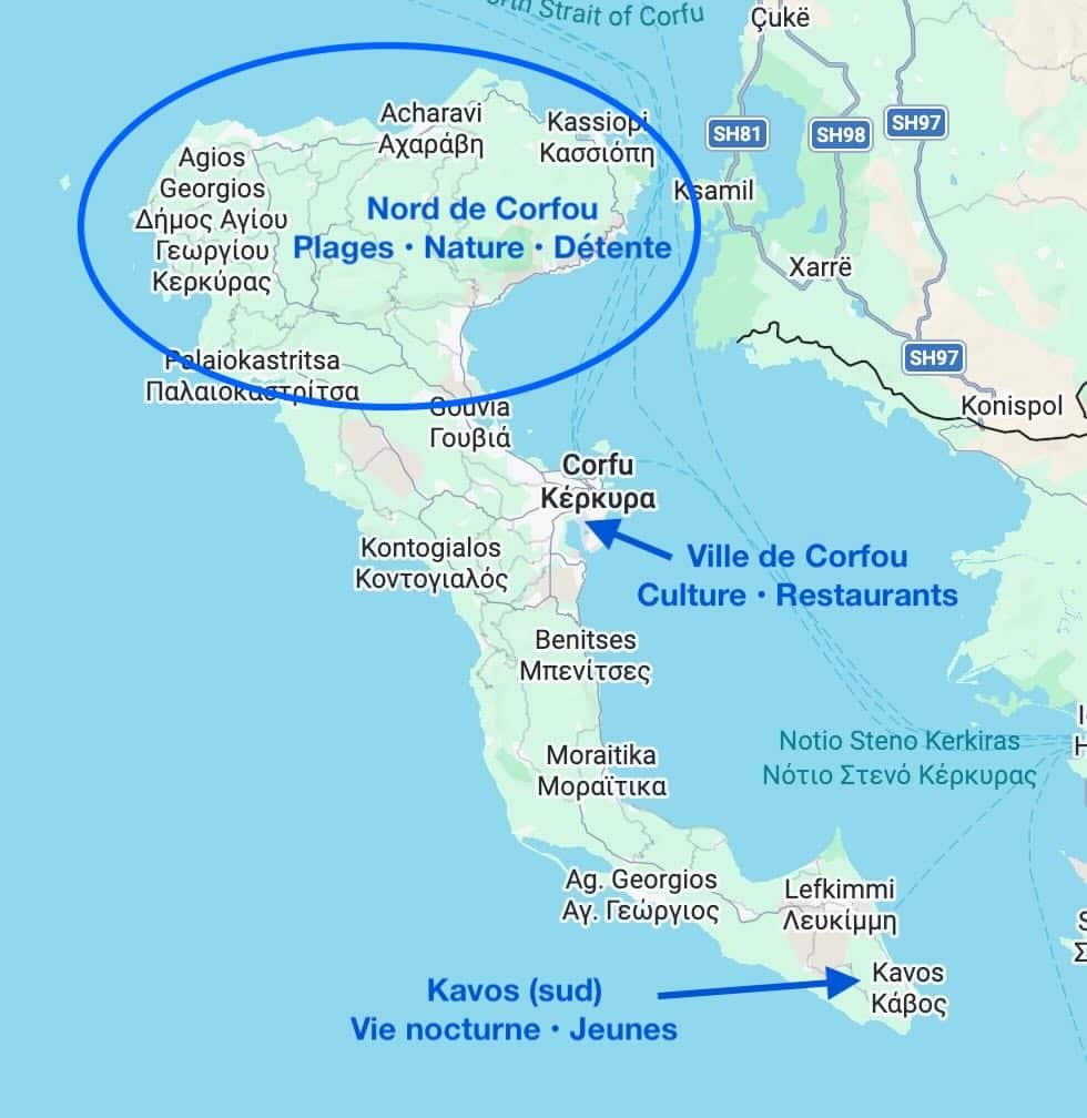 carte des meilleures zones où séjourner à Corfou nord ville de corfou kavos sud plages nature vie nocturne