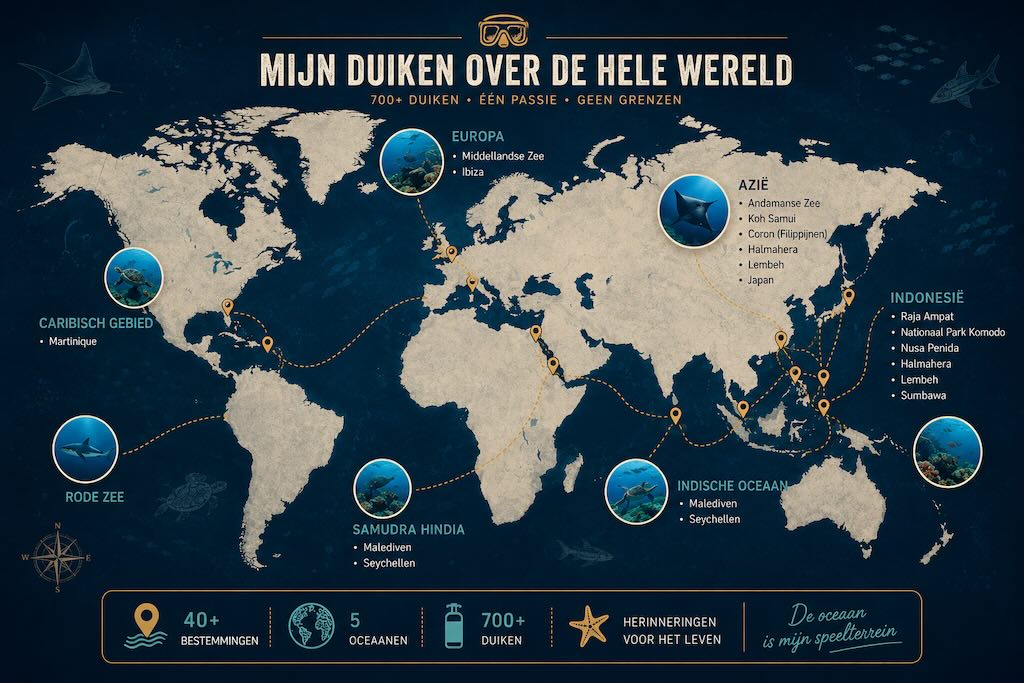 Wereldkaart van de belangrijkste duikbestemmingen die Blaise Jaeger heeft verkend tijdens meer dan 700 duiken