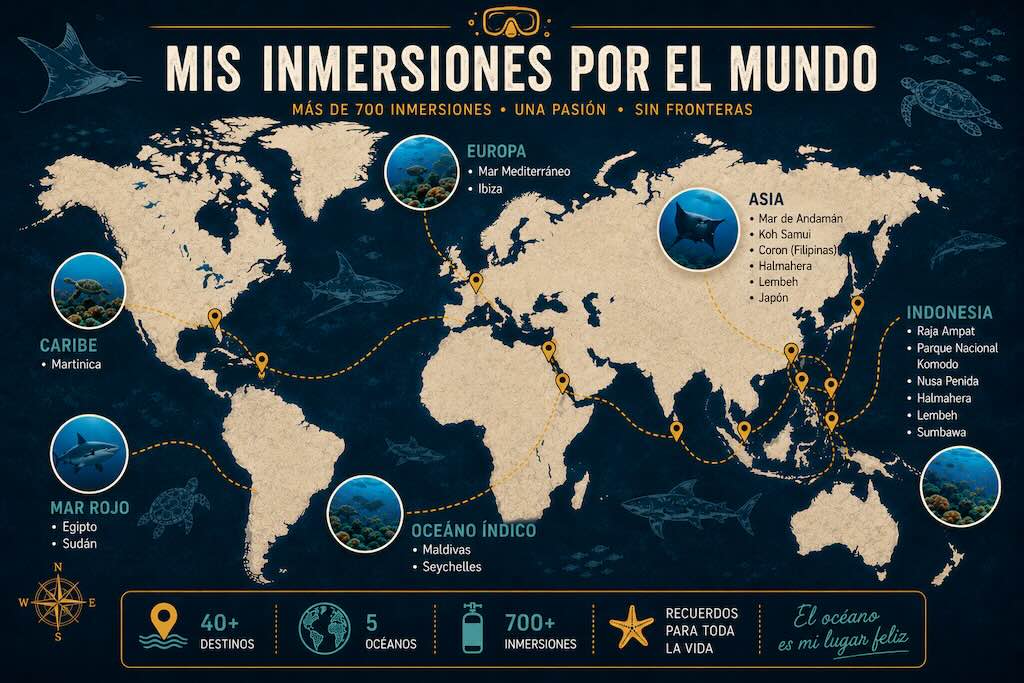 Mapa mundial que muestra los principales destinos de buceo explorados por Blaise Jaeger, incluyendo Indonesia, el mar Rojo, las Maldivas, las Seychelles, el Caribe y varias regiones de Europa.