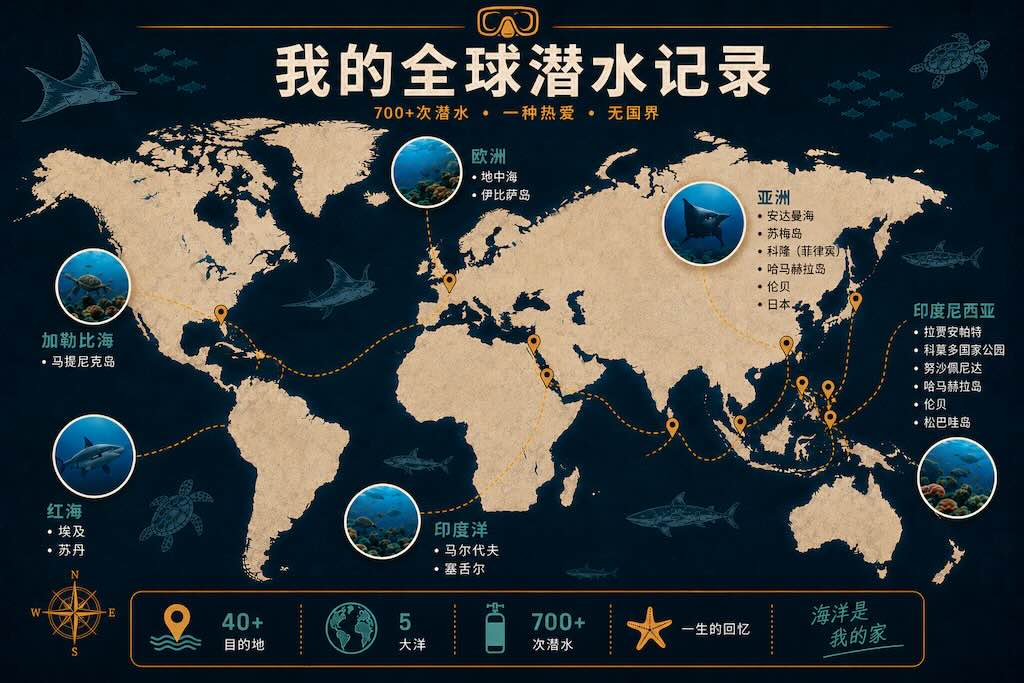 Blaise Jaeger 在全球主要潜水目的地完成700多次潜水经历的世界地图