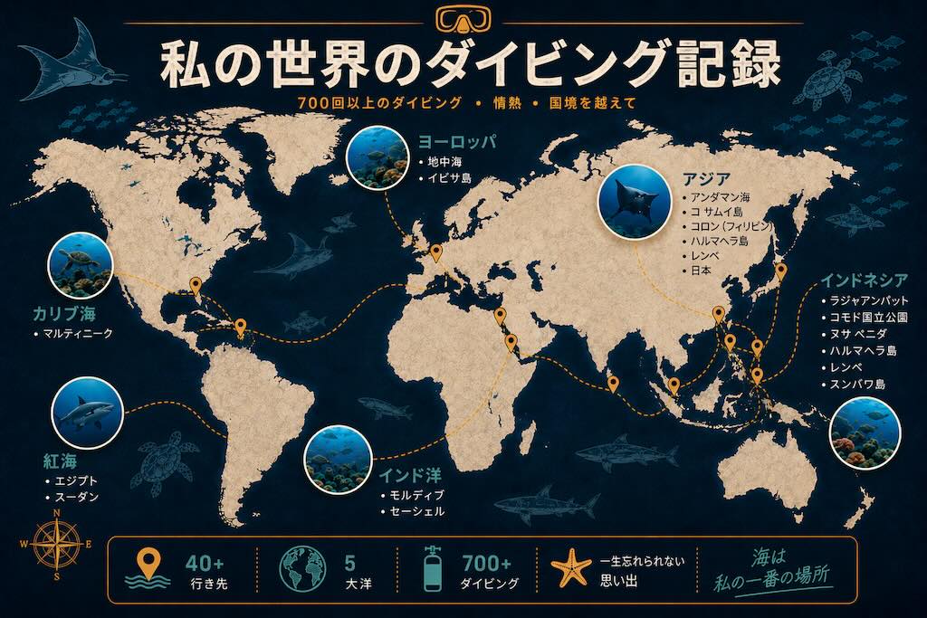 世界各地で700本以上のダイビングを経験した Blaise Jaeger の主なダイビングスポットを示すマップ