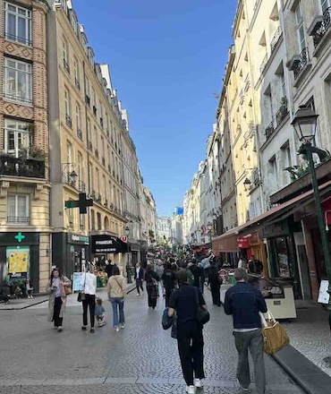Montorgueil Street in Paris with its cafés, shops and lively outdoor terraces