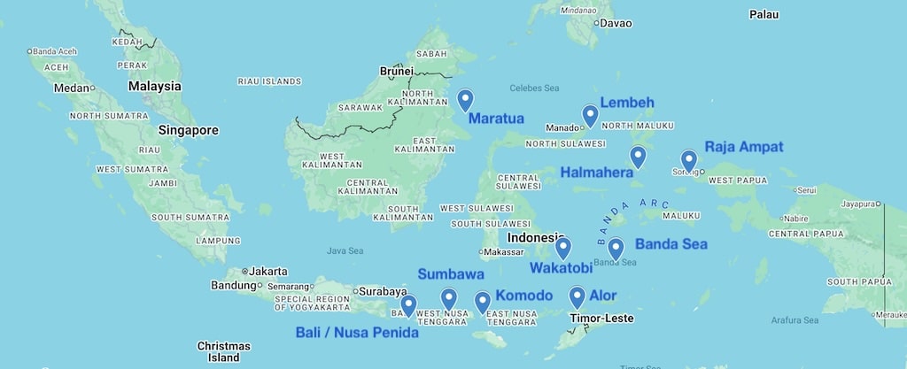 Peta destinasi penyelaman terbaik di Indonesia termasuk Raja Ampat, Komodo, Bali, Nusa Penida, Maratua, Wakatobi, Alor, Halmahera, dan Laut Banda