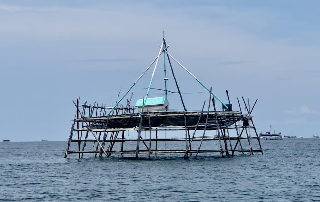 A fishing platform (bagan) on the boat route to Maratua, the kind that attracts whale sharks