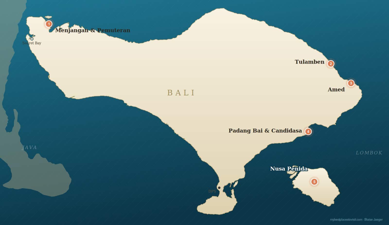 Mapa das cinco principais zonas de mergulho de Bali: Menjangan e Pemuteran, Tulamben, Amed, Padang Bai e Candidasa, e Nusa Penida