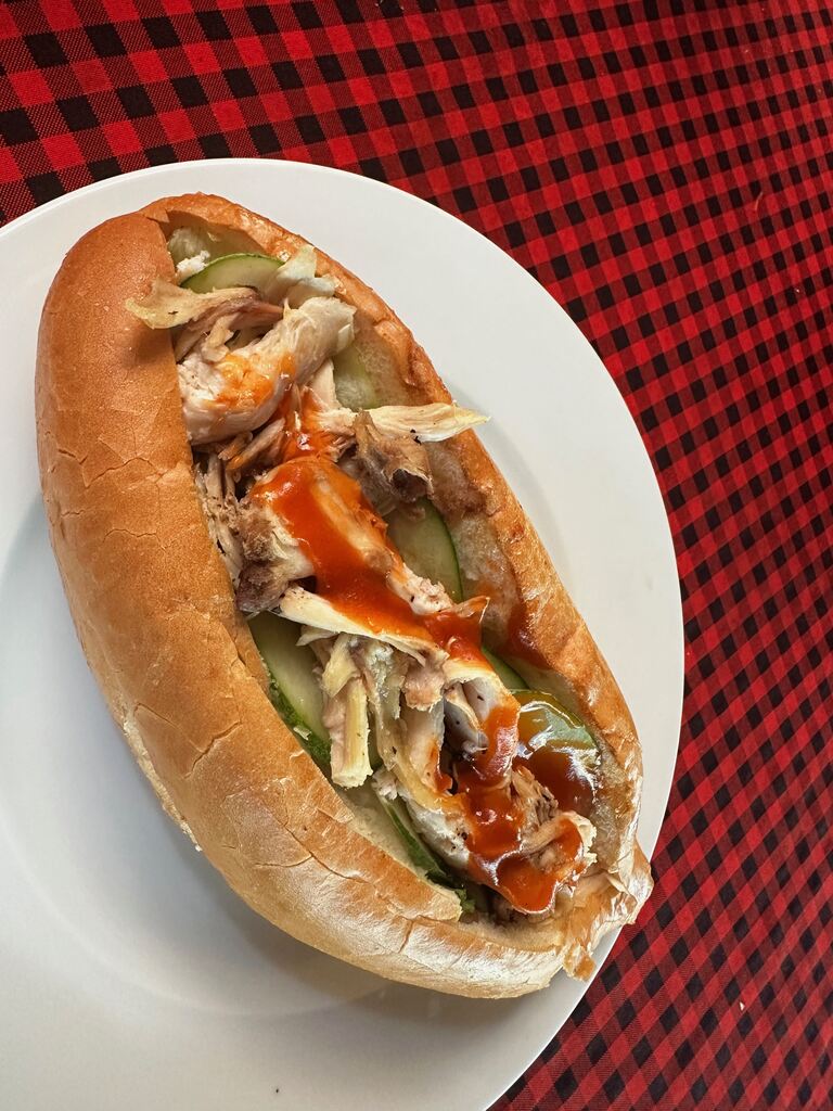 Een Vietnamese banh mi gevuld met geplukte kip, komkommer en chilisaus op een rood geruit kleed