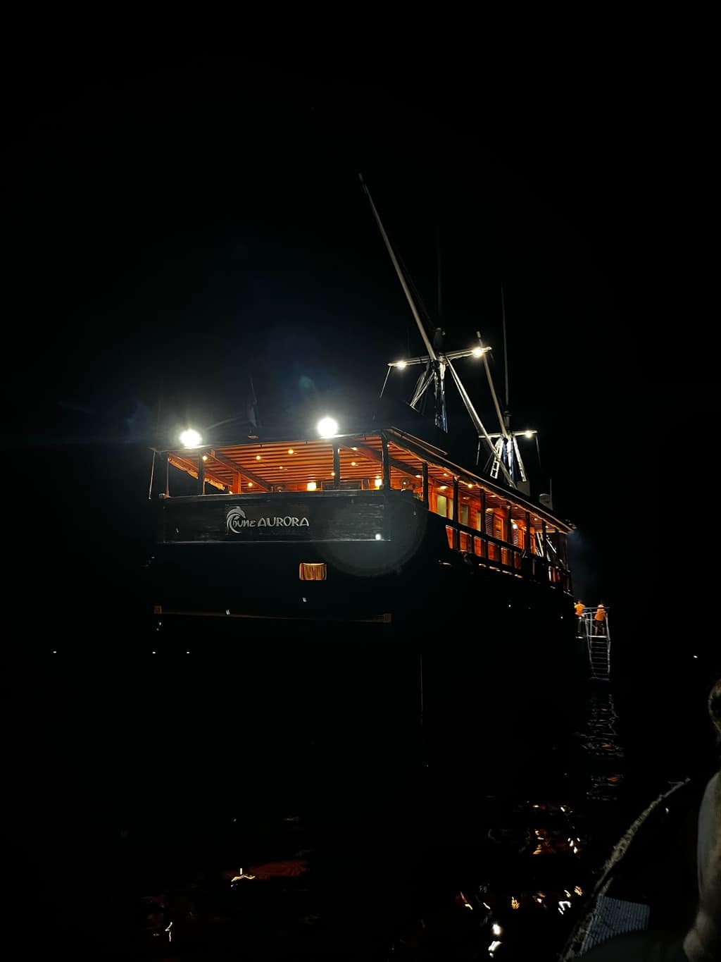 Una liveaboard phinisi illuminata all'ancora di notte, Sulawesi del Nord