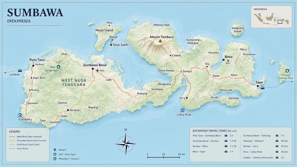 Illustrated tourist map of Sumbawa Island in Indonesia showing the main roads, Poto Tano, Taliwang, Sumbawa Besar, Dompu, Bima, Sape, Mount Tambora, Saleh Bay, Moyo Island, Lakey Peak, Scar Reef, airports, ferry routes and estimated driving times.
