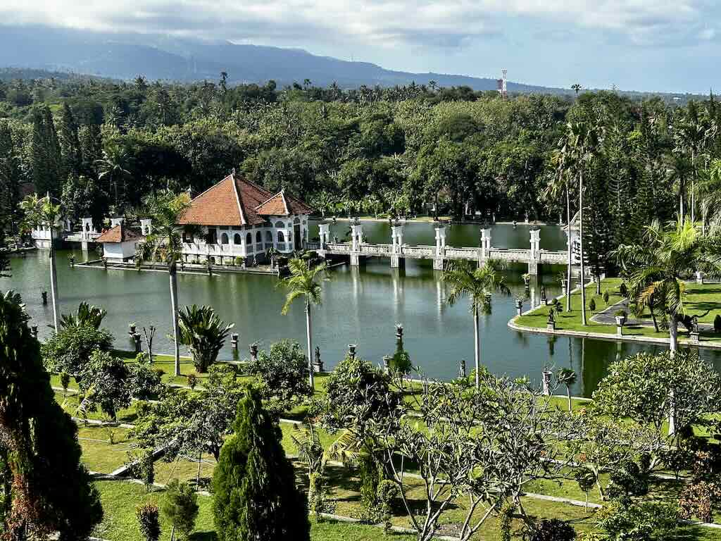 Taman Ujung Palace lagoons and bridge seen from above, Karangasem Bali