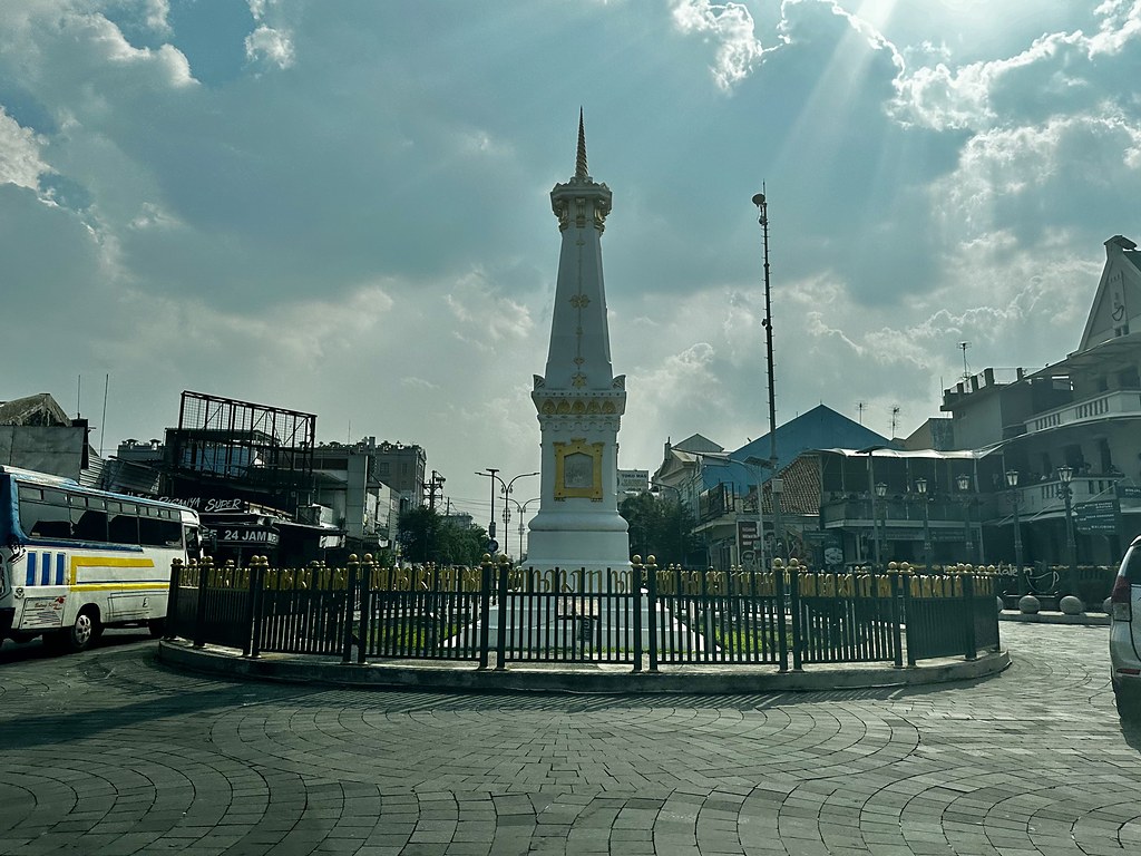 The white Tugu Pal Putih monument at the crossroads north of Malioboro, Yogyakarta, Java, Indonesia