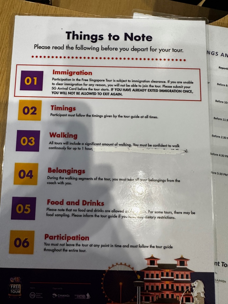 Things to Note-informatieblad dat wordt uitgedeeld bij de balie van de Free Singapore Tour op Changi Airport