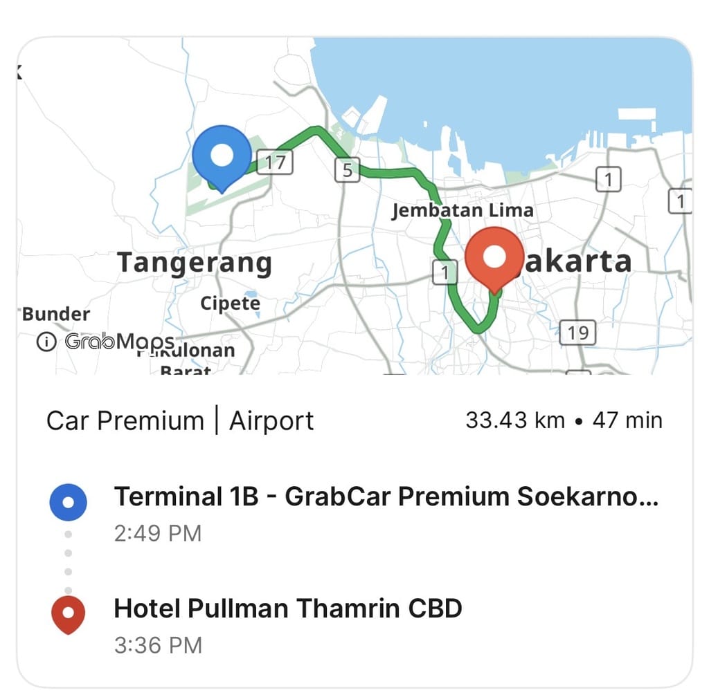 从 Soekarno-Hatta 机场 1B 航站楼到 Jakarta 市中心的 Grab 行程
