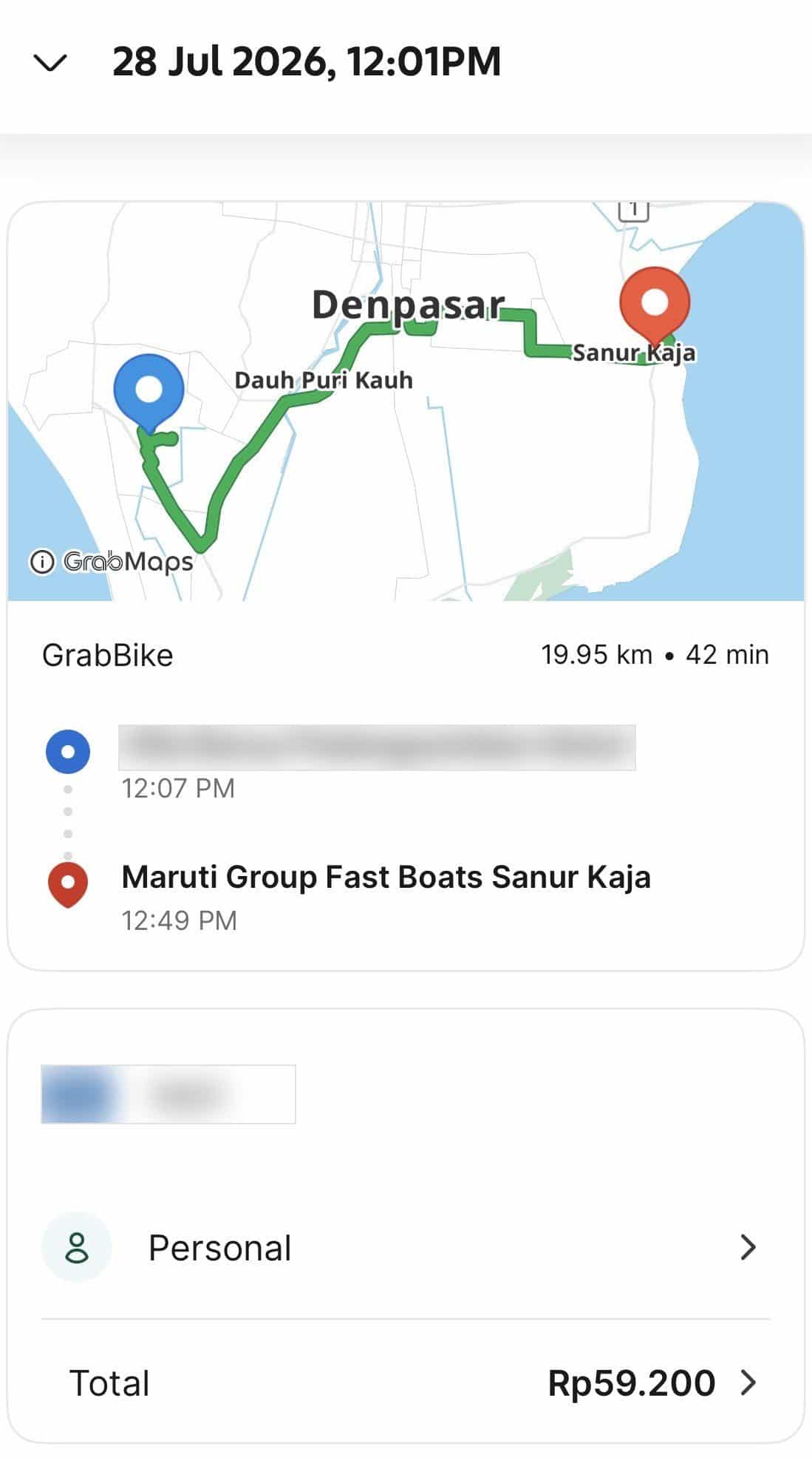 スミニャックからサヌールのファストボート・ターミナルまで19.95キロ、IDR 59,200 を示すバリ島の GrabBike の明細