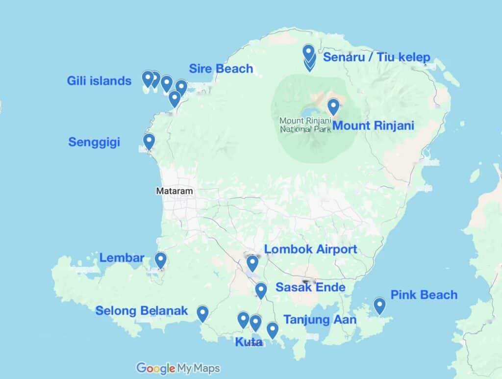 Kaart van Lombok met Bangsal, Senggigi, Senaru, Kuta Lombok, de haven van Lembar en de luchthaven van Praya