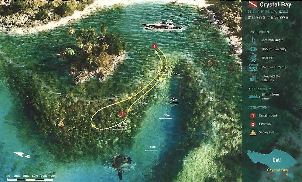 サンゴの台地、ファーストコーナーとセカンドコーナー、キャニオンを示すクリスタルベイのダイビングポイント地図