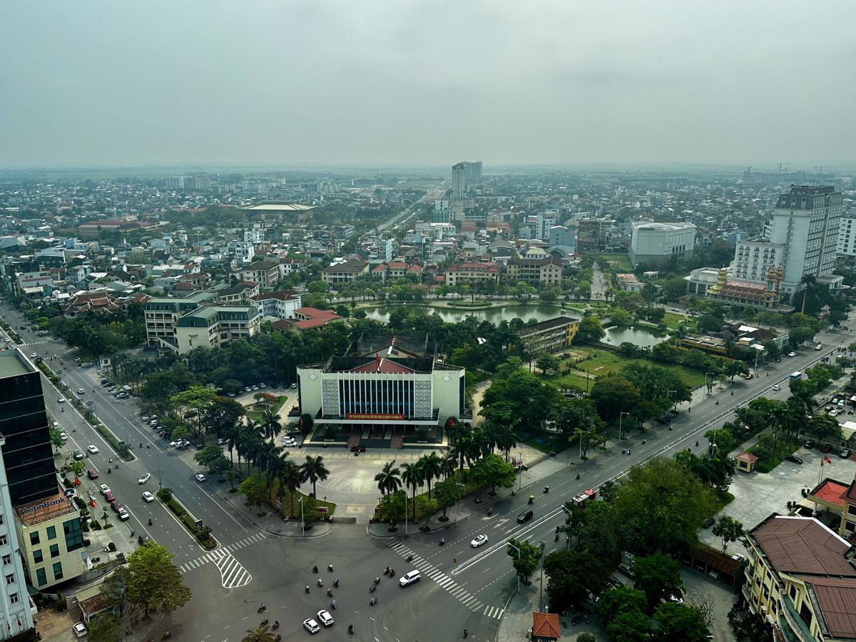 Aerial view of Hue city in the morning from a high floor of the Melia Vinpearl Hue
