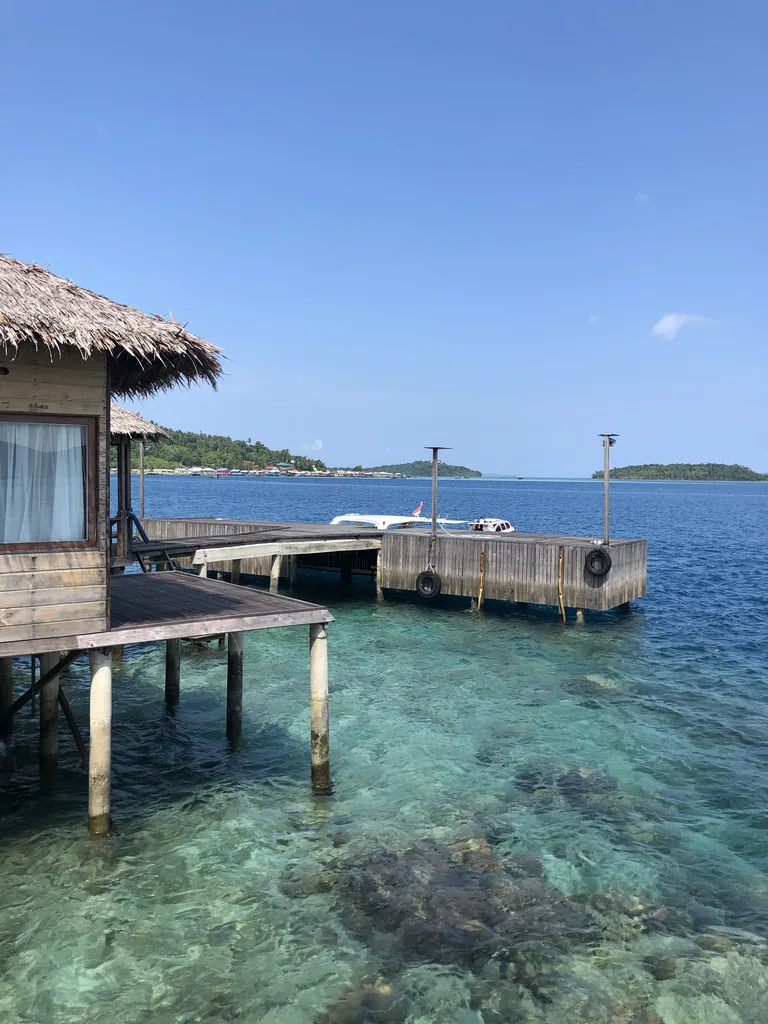 Wooden overwater bungalow with a thatched roof at the Anambas Dive Resort