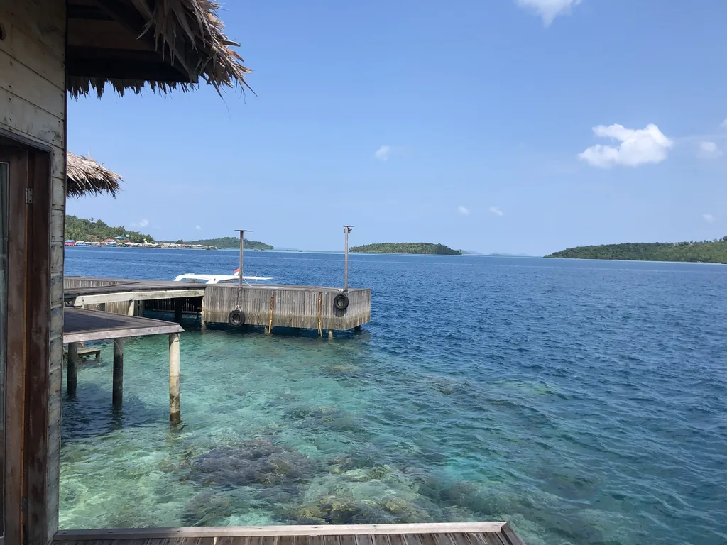 Overwater bungalows of the Anambas Dive Resort above a coral reef