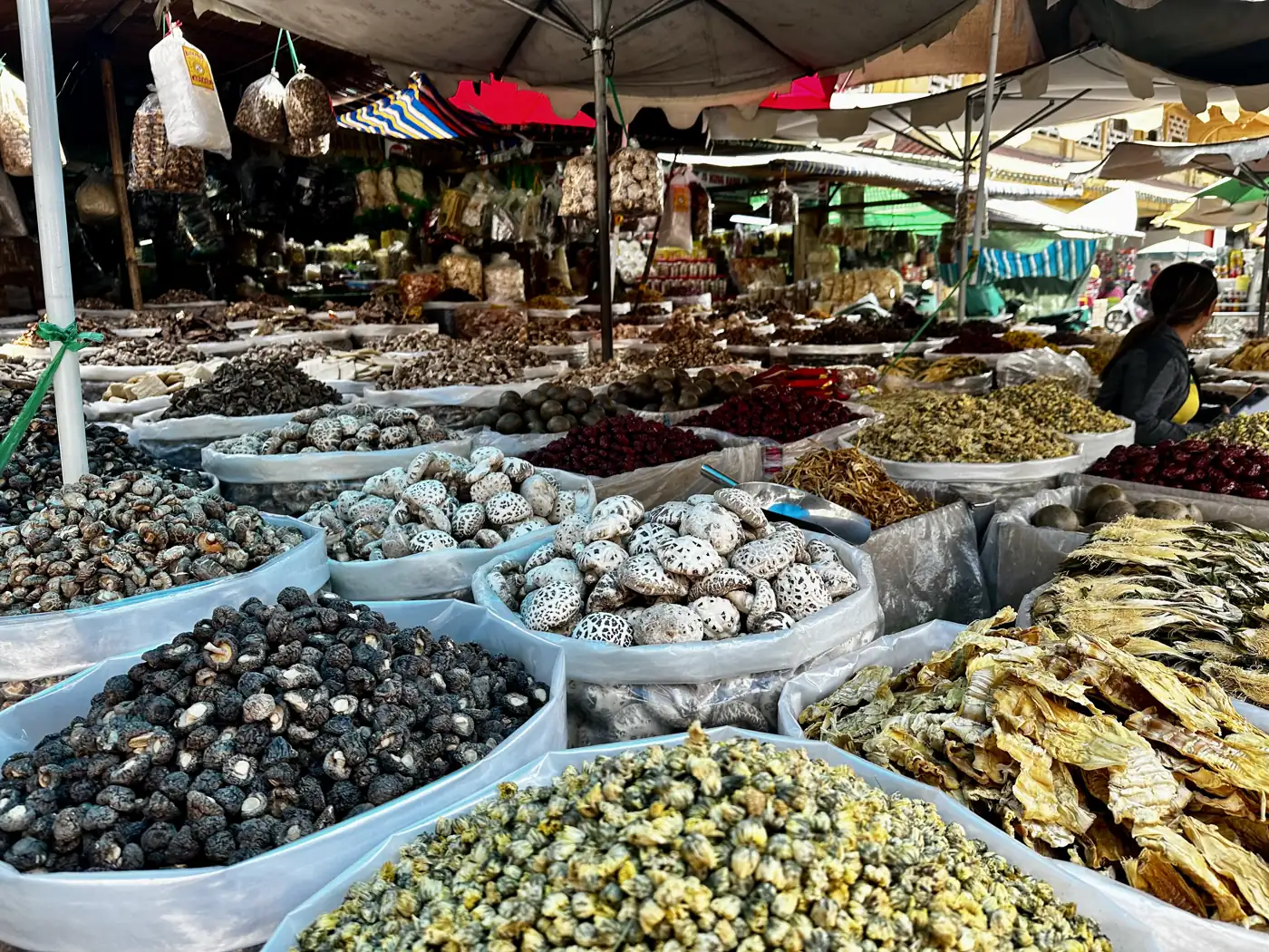 Zakken gedroogde paddenstoelen en zeevruchten op de Binh Tay-markt, Saigon