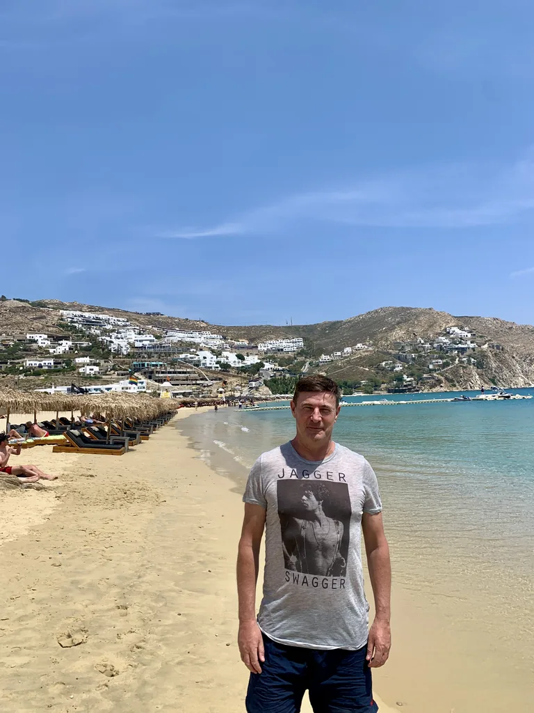 Blaise Jaeger standing on Elia beach, Mykonos