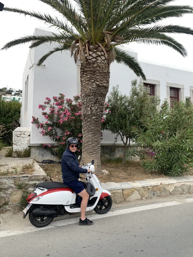 Blaise Jaeger on a scooter in Mykonos