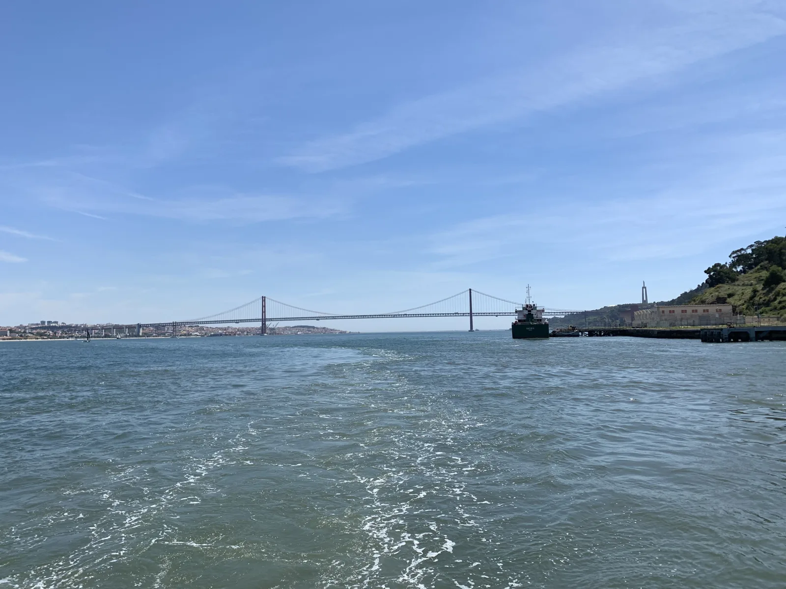 The Tagus and the 25 de Abril bridge seen from the Trafaria ferry