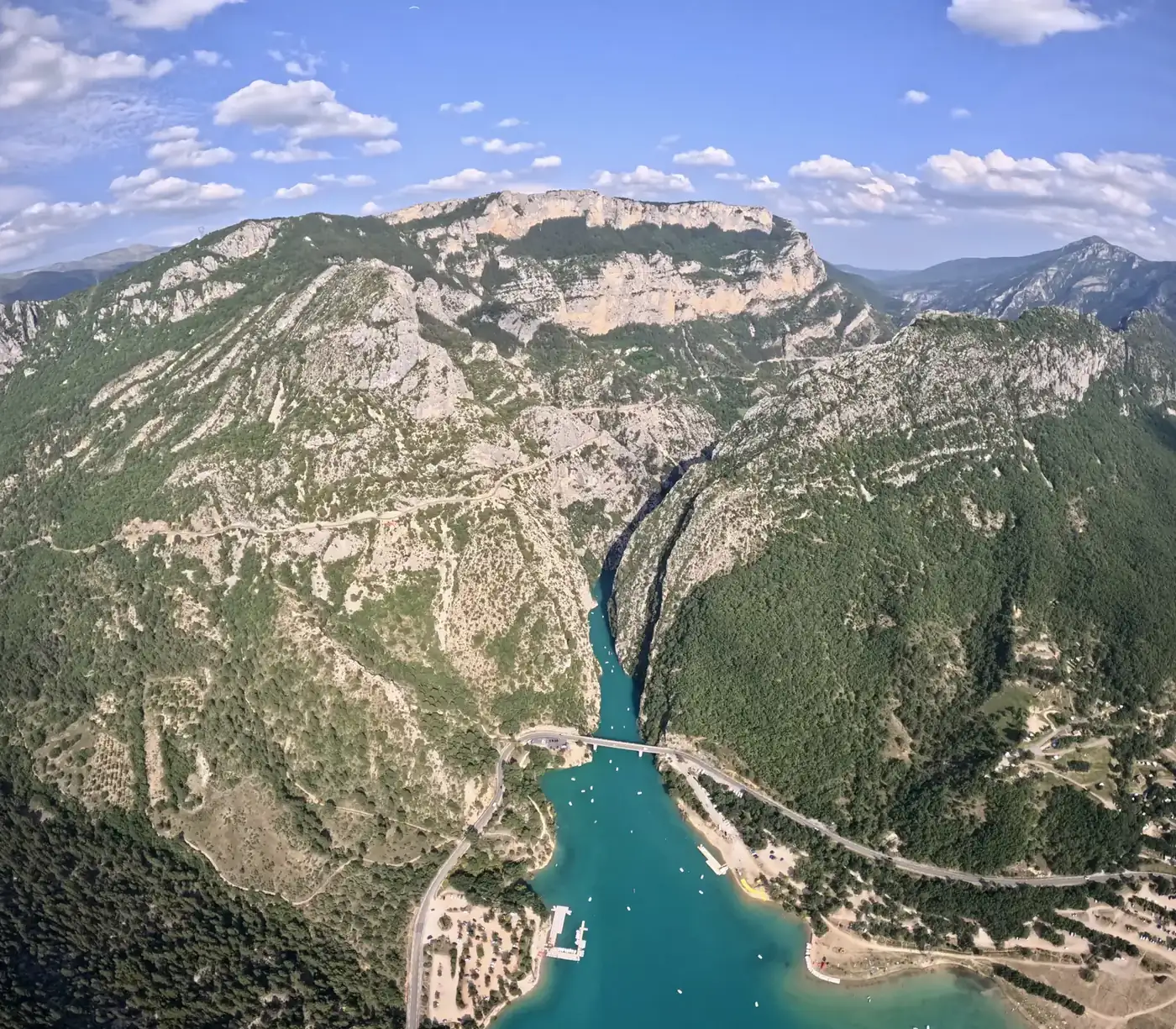 The Gorges du Verdon opening onto the Lac de Sainte-Croix seen from a paraglider