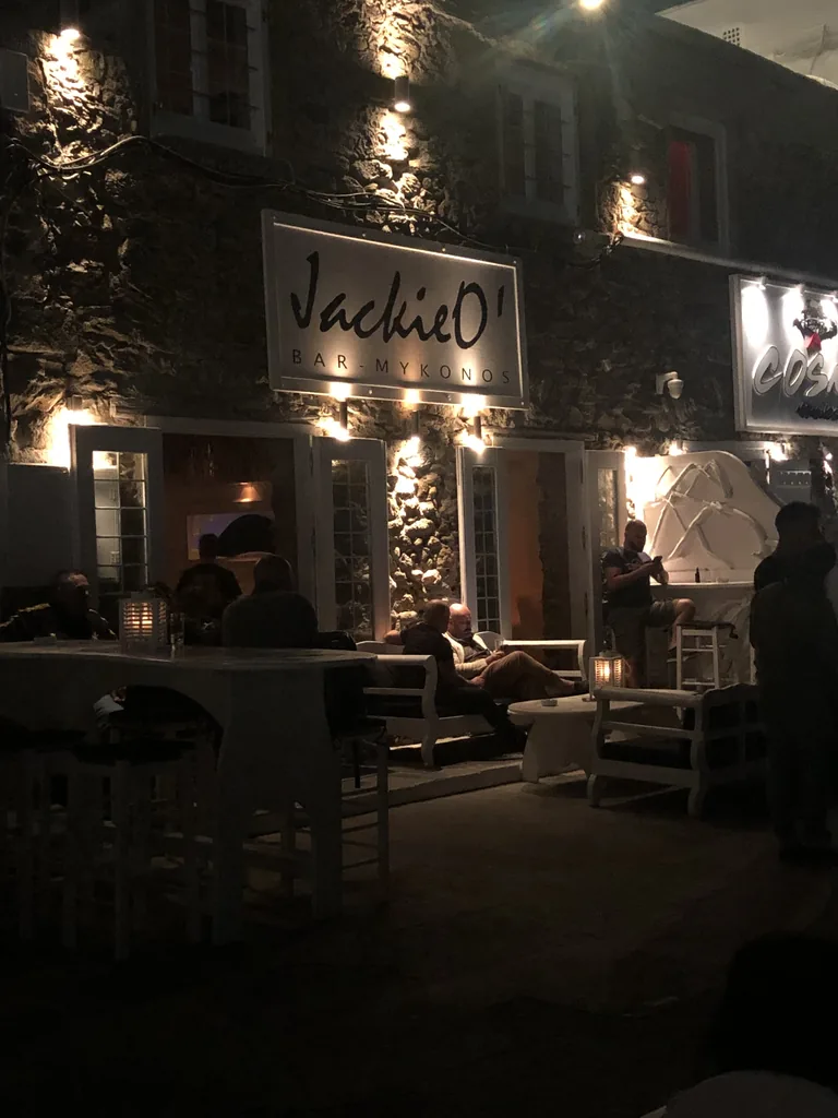 The Jackie O' bar on the waterfront of Mykonos Town at night