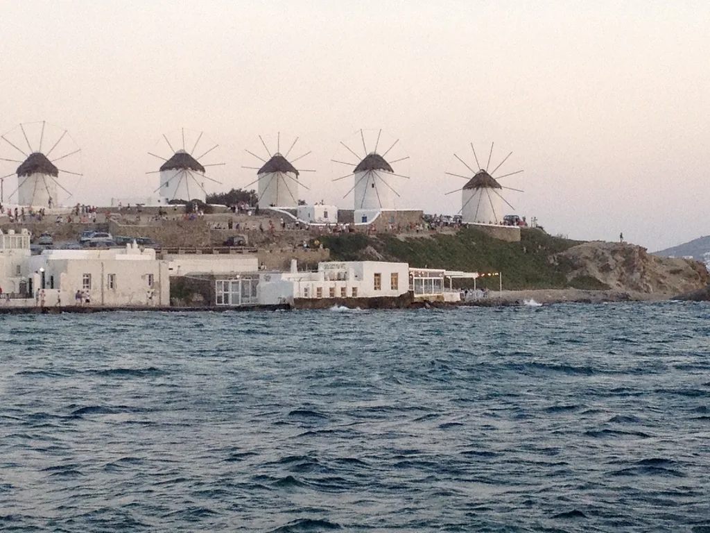 The windmills of Kato Mili seen across the water from Little Venice