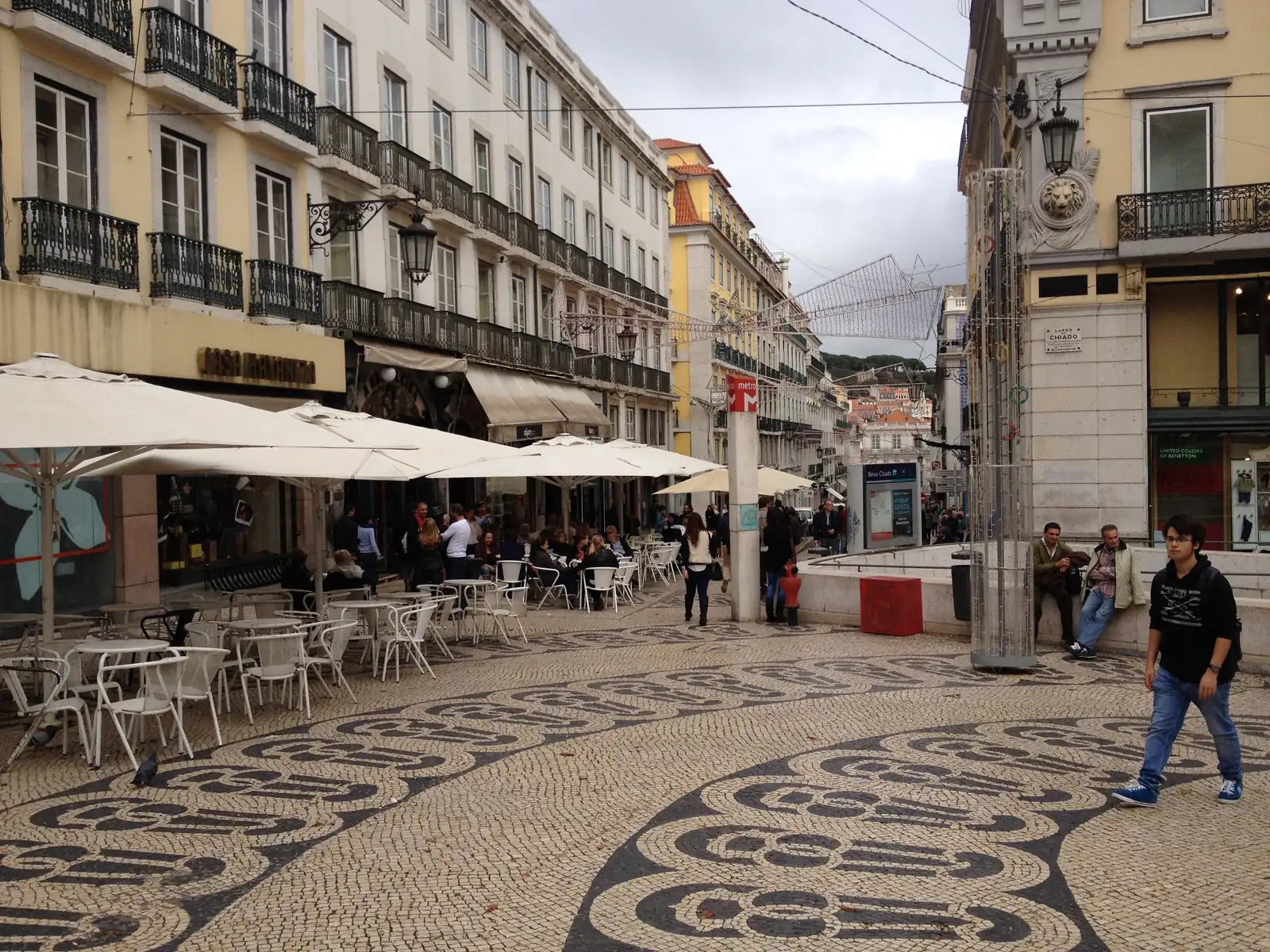 Café terraces on the black and white cobblestones of the Largo do Chiado