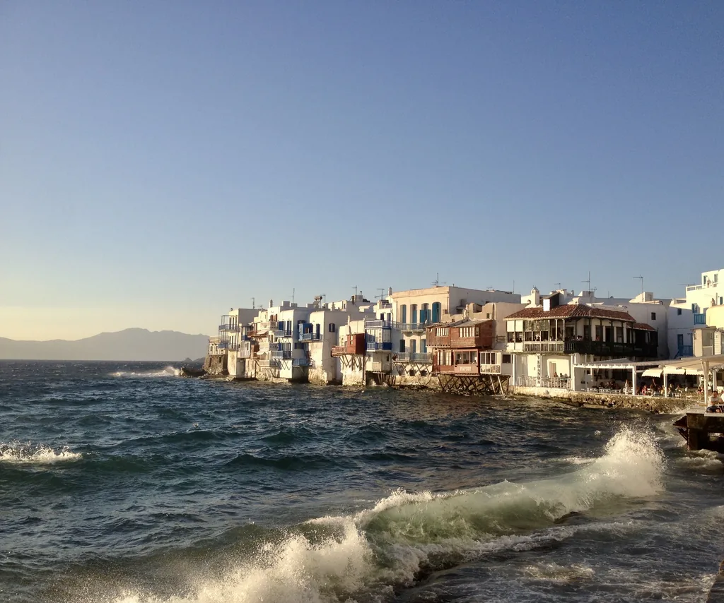 Waves breaking in front of Little Venice, Mykonos