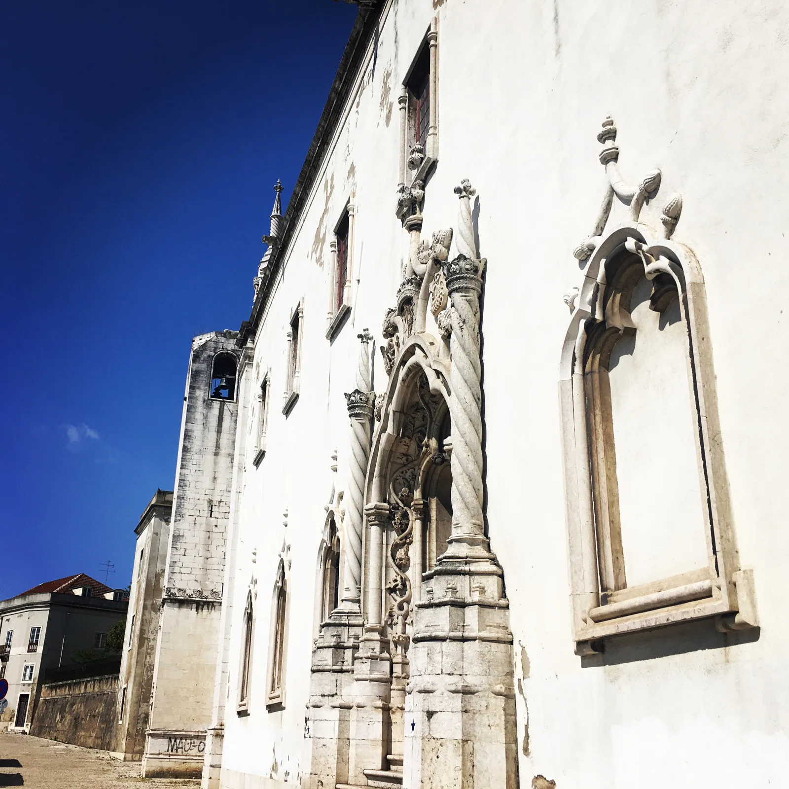 The white Manueline portal of the Madre de Deus convent, home of the National Tile Museum