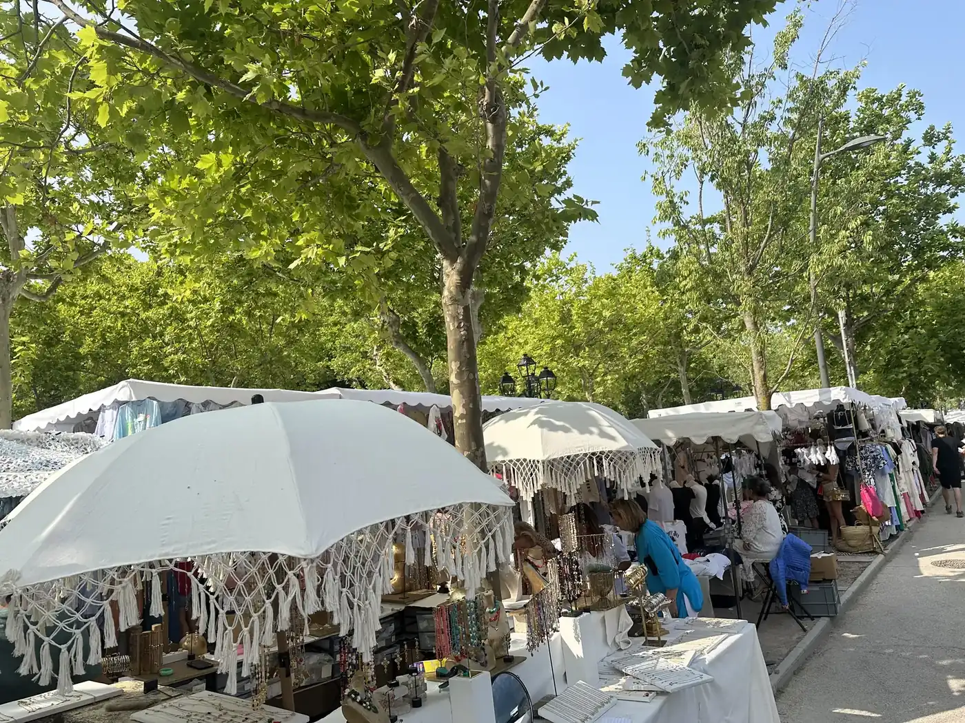 Market stalls under the plane trees of the Place des Lices in Saint-Tropez