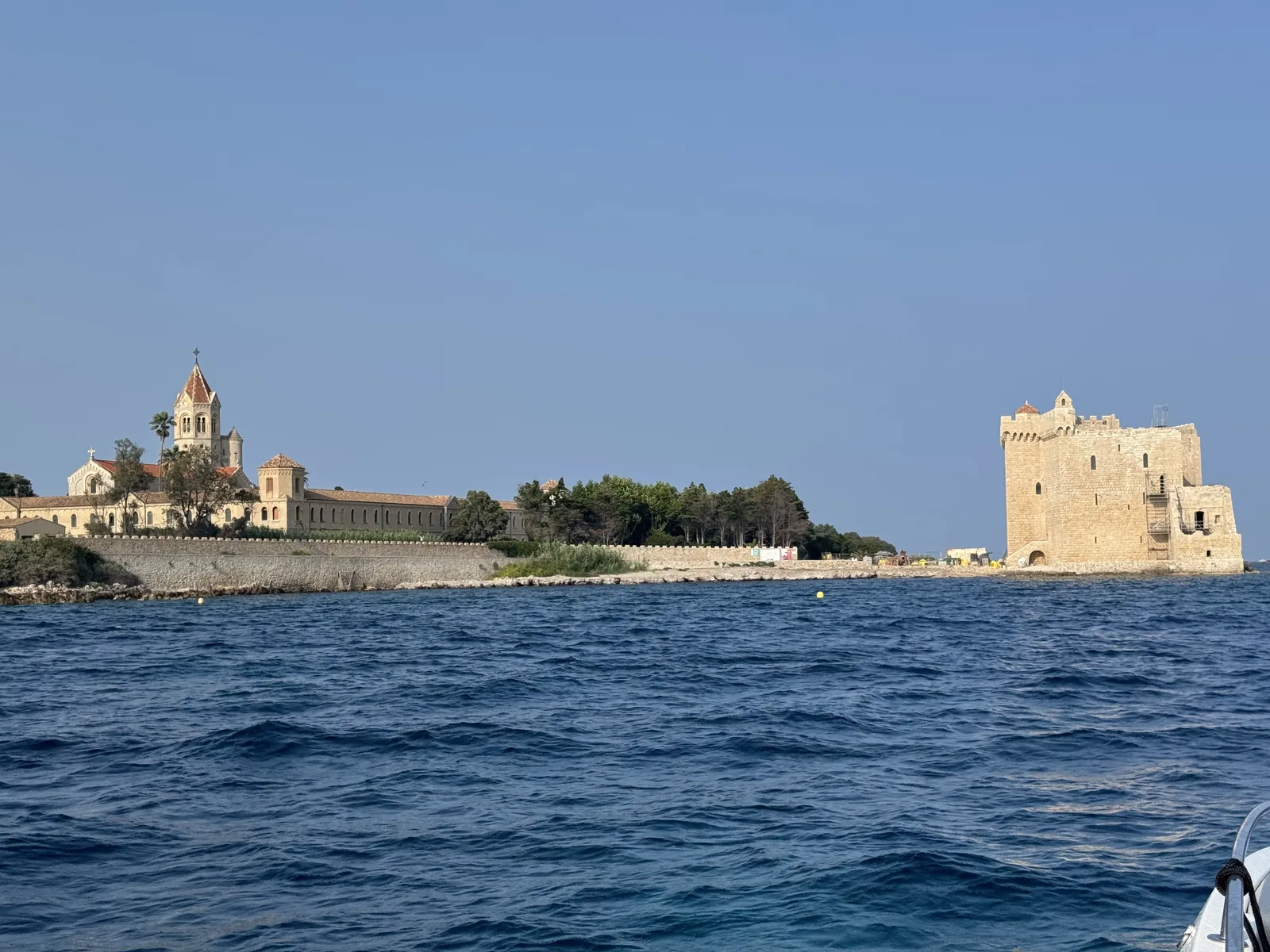 Lérins Abbey and its fortified monastery tower on Saint-Honorat island