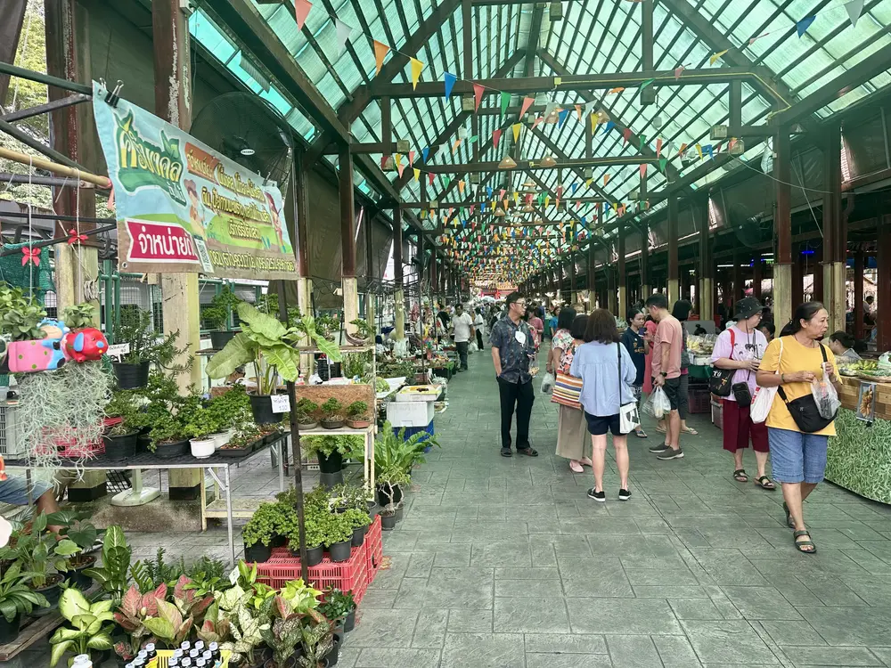 Rows of plants under the glass roof of the Taling Chan market, Bangkok
