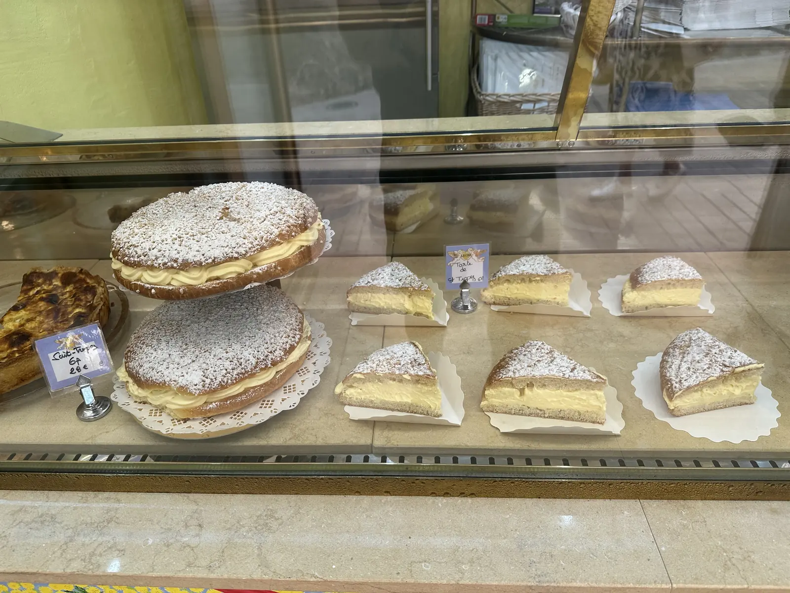 Tartes tropéziennes in a bakery window in Saint-Tropez