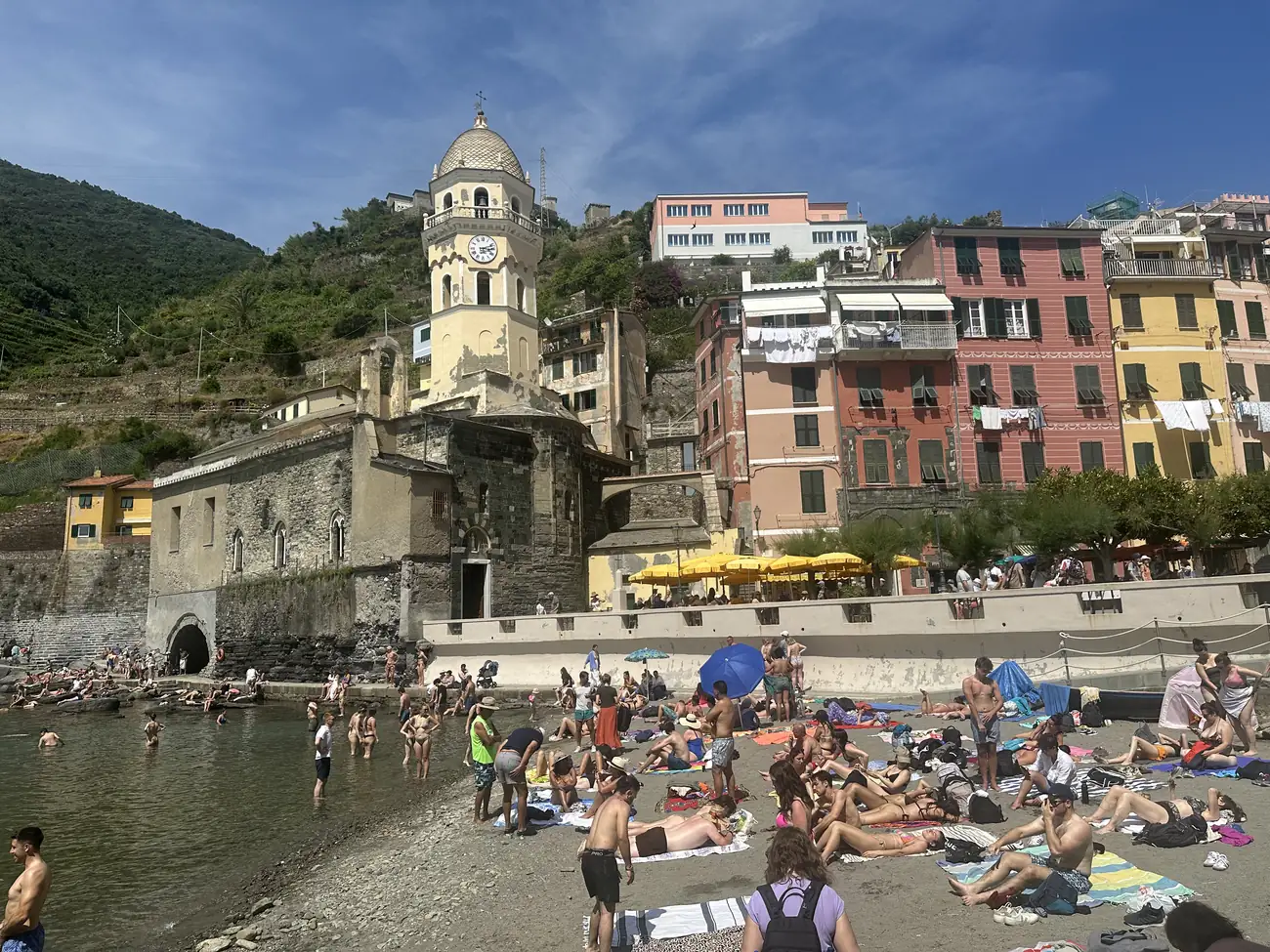The harbour of Vernazza with its church and colourful houses