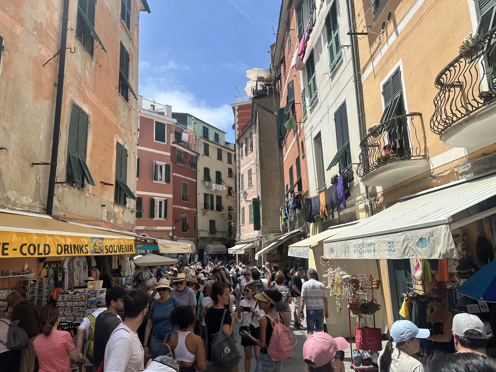 The busy main street of Vernazza lined with colourful houses