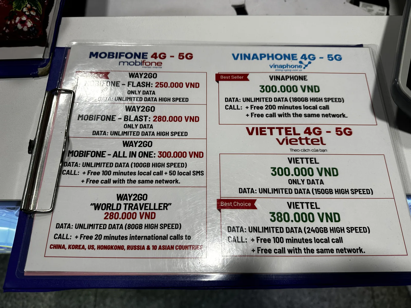 Prijsbord voor toeristen-simkaarten op de luchthaven Tan Son Nhat, Ho Chi Minhstad